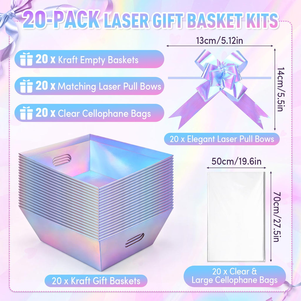 20 Pack Iridescent Gift Baskets Empty, 10x8 Thick Paper Basket with 20 Clear Bags and 20 Pull Bows, Holographic Gift