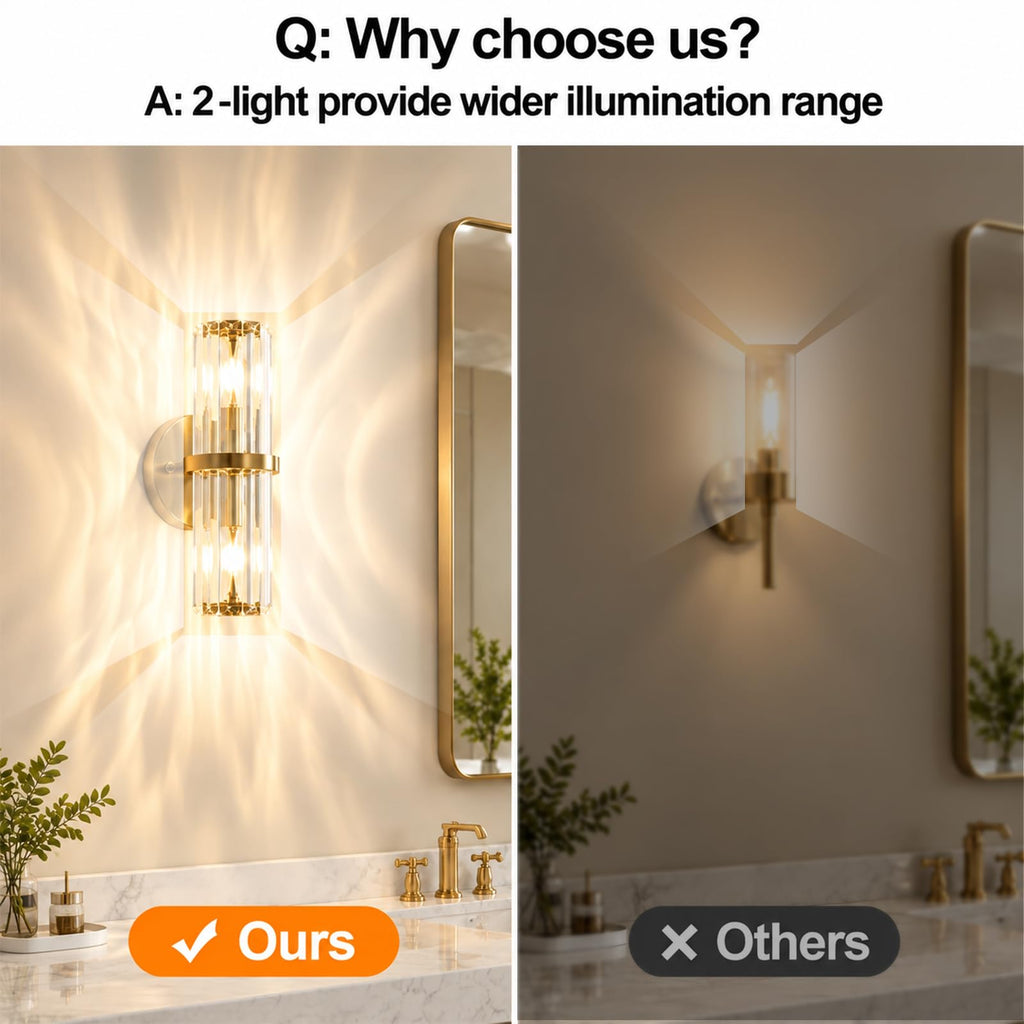 Gold Crystal Wall Sconces 11.8-Inch Modern Luxury Bathroom Sconces Light