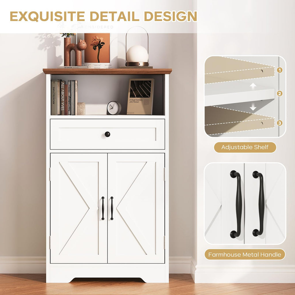 Floor Cabinet, Farmhouse Storage Cabinet with Barn Doors and Drawers White