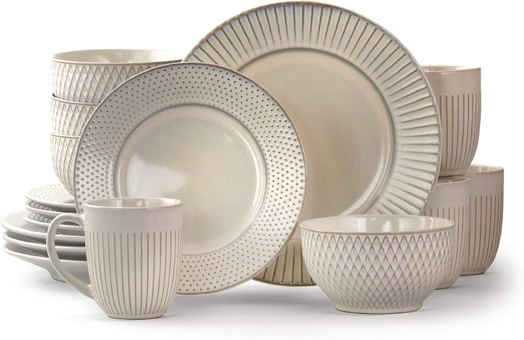 Market Finds 16 Piece Round Stoneware Dinnerware Set in Embossed White