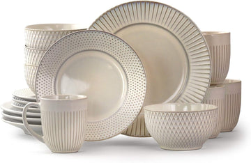 Market Finds 16 Piece Round Stoneware Dinnerware Set in Embossed White