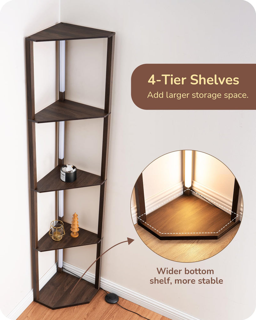 LED Corner Floor Lamp with Shelves, 3CCT, Walnut