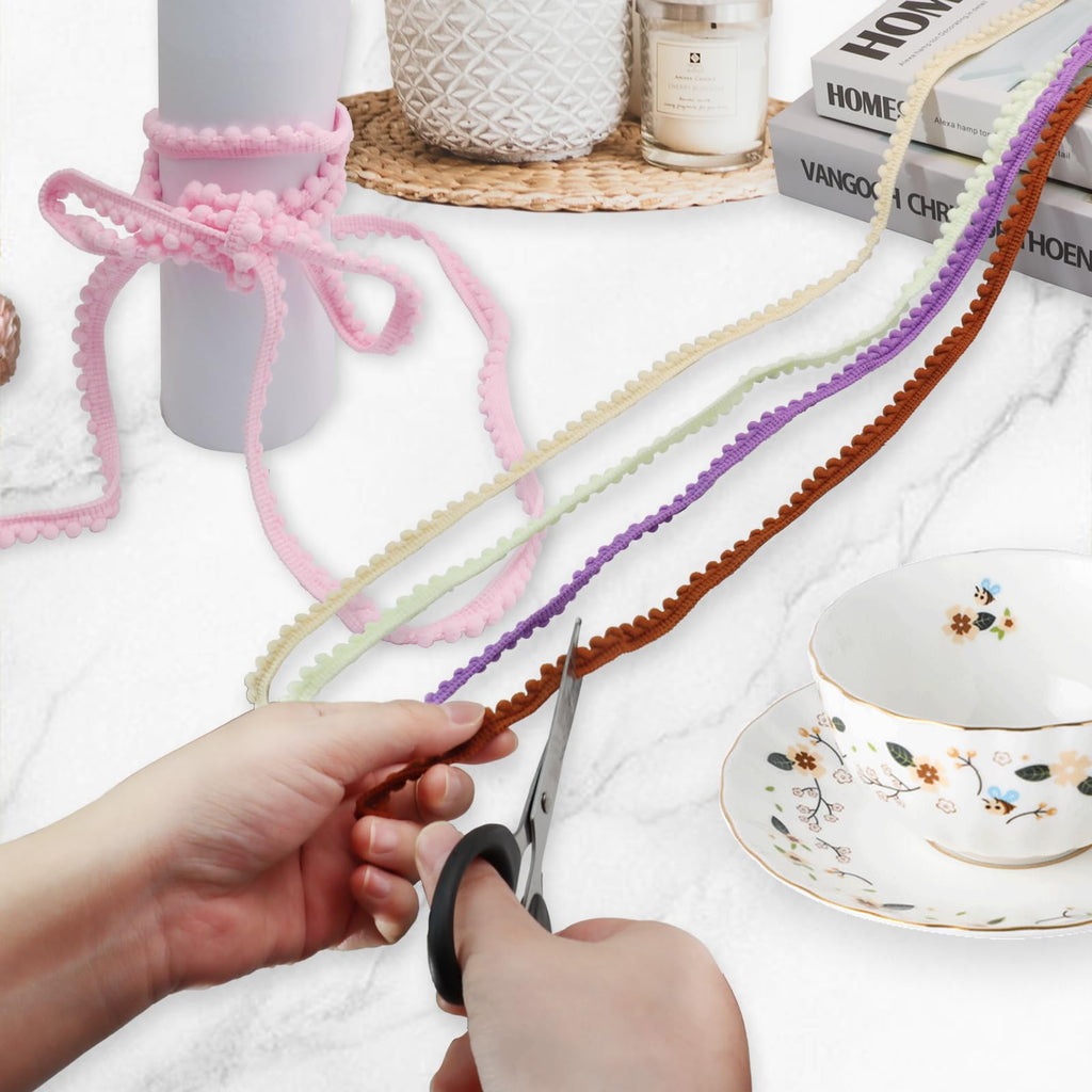 Pom Pom Trim, 1/2" Wide White Ribbon, 6mm Balls - 10 Yards