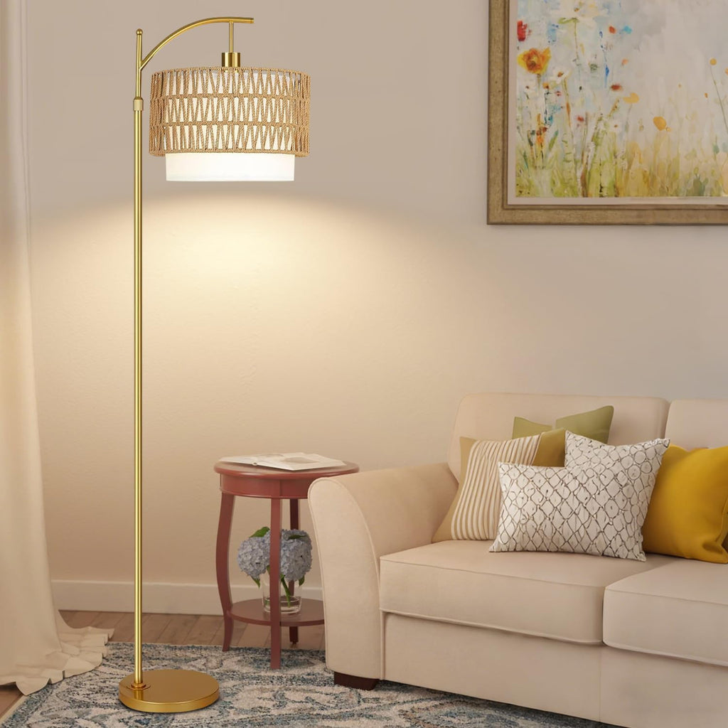 Gold Floor Lamps Rattan Boho Floor Lamp with Remote Control & 3 Color Temperature, Dimmable Arc Floor Lamps Wicker