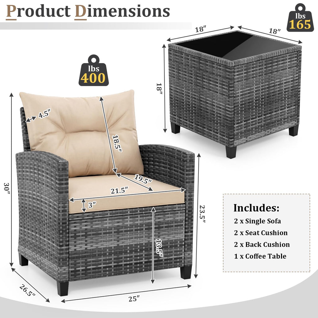 3 Piece Patio Furniture Set, Outdoor PE Rattan Conversation Set with Washable Cushions & Tempered Glass Tabletop