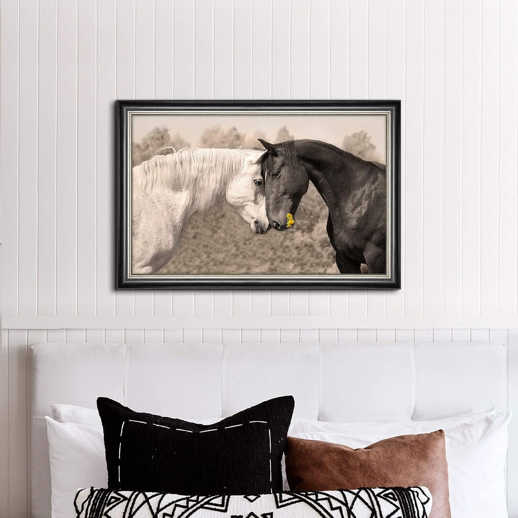 Country Horse Canvas Wall Art: Black Framed Couple Horses Office Painting White Elegant Steeds Portrait Prints Farm