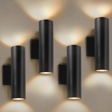 Modern Outdoor Wall Light Fixtures, 4 Pack Integrated COB LED Cylinder Up Down Wall Sconce, 12W 3000K Matte Black