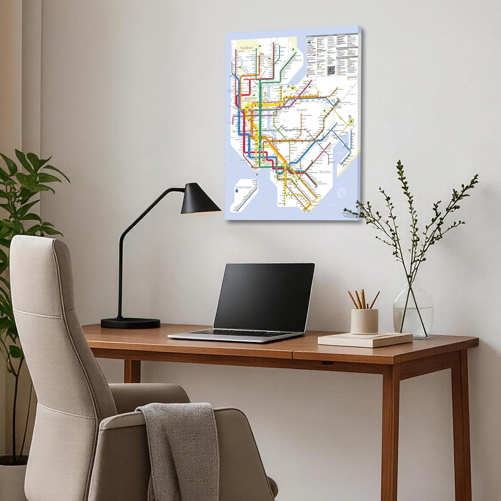 York City Subway Map Canvas Wall, Modern NYC MTA System Transit Map Print, Minimalist Wall Decor, Framed Ready