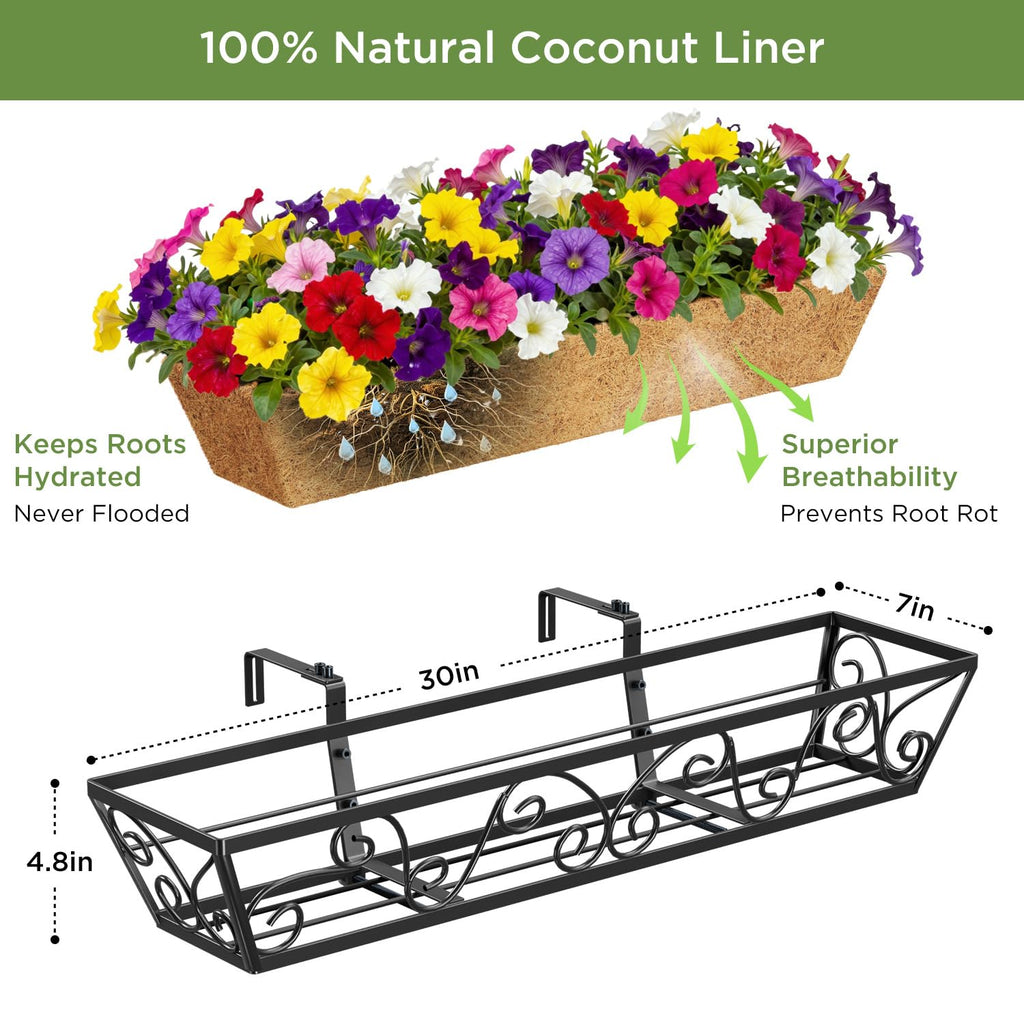 30x7 Inch Black Outdoor Rectangular Window Box Planter - Rust Resistant Steel, Plastic Coated - Perfect for Railings