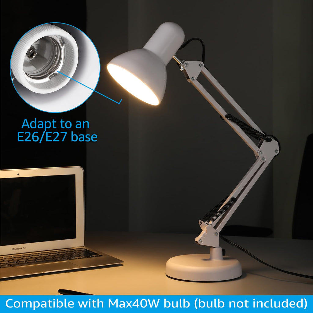 Metal Desk Lamp, Adjustable Swing Arm, E26, White
