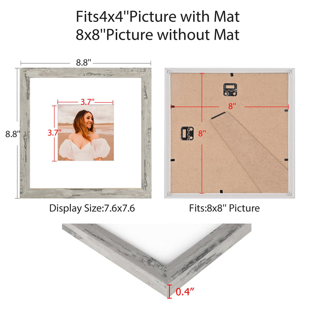 8x8 Picture Frame Set of 9, Display Pictures 4x4 with Mat or 8x8 without Mat, Multi Collage Gallery Square Photo