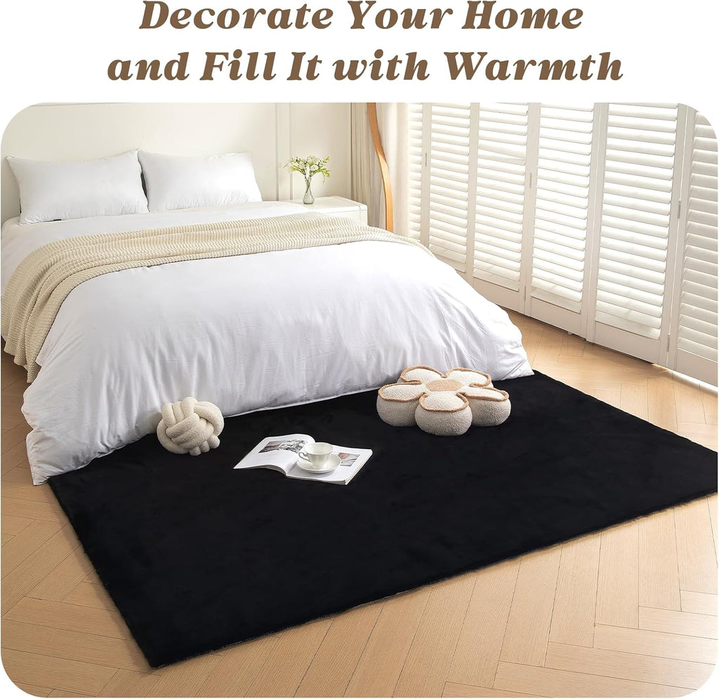 Fluffy Faux Rabbit Fur Rug, Cloud-Soft Rugs, Non-Slip No-Shed Area Rug, Machine Washable Rug, Black