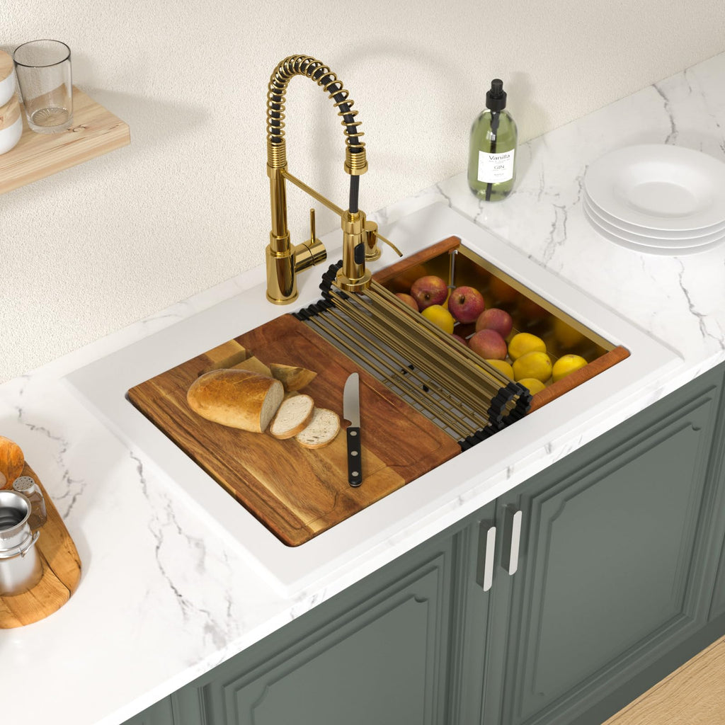 30 Inch Drop In White Granite Single Bowl Sink Workstation