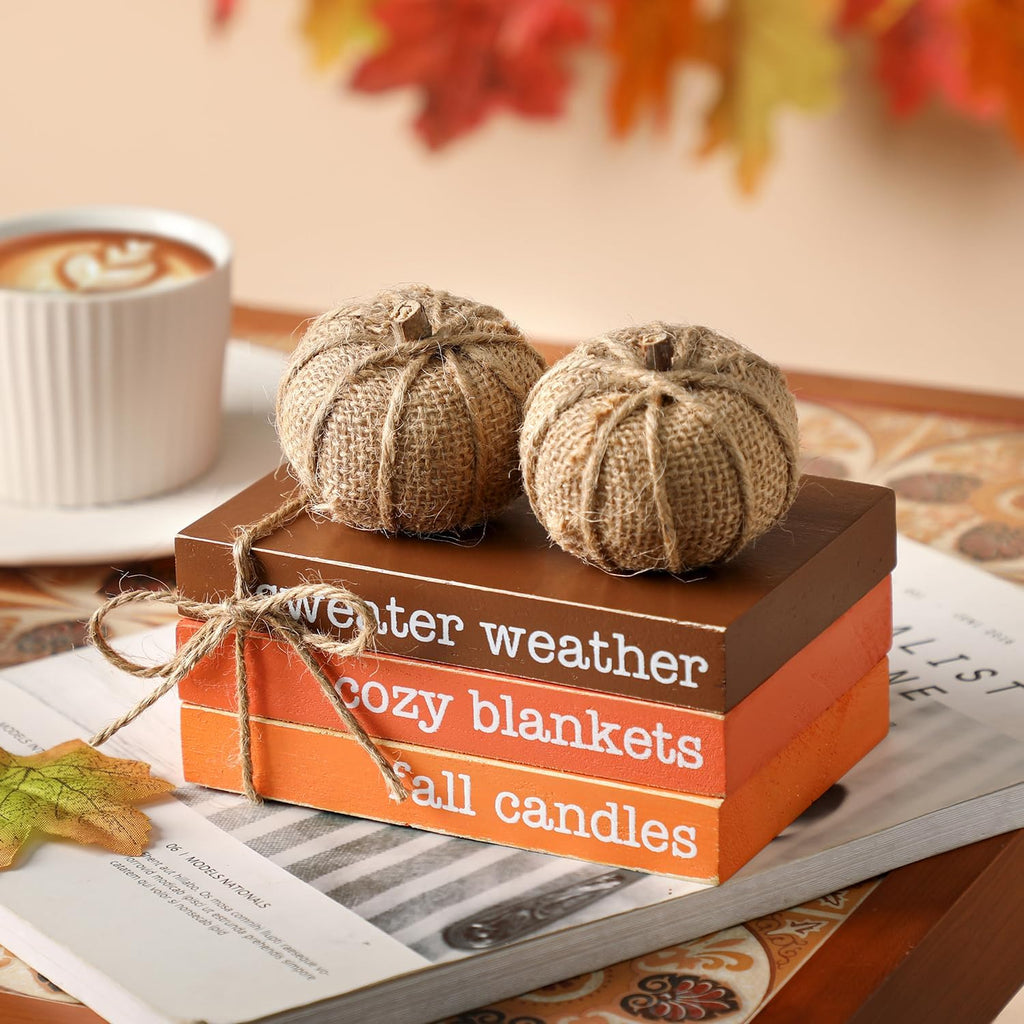 Fall Tiered Tray Decor, Wood Book Stack with Maple Leaves & Pumpkins