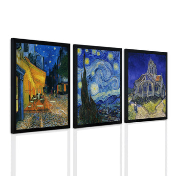 Framed Van Gogh Wall Art Set of 3, Starry Night Cafe Terrace 16x12