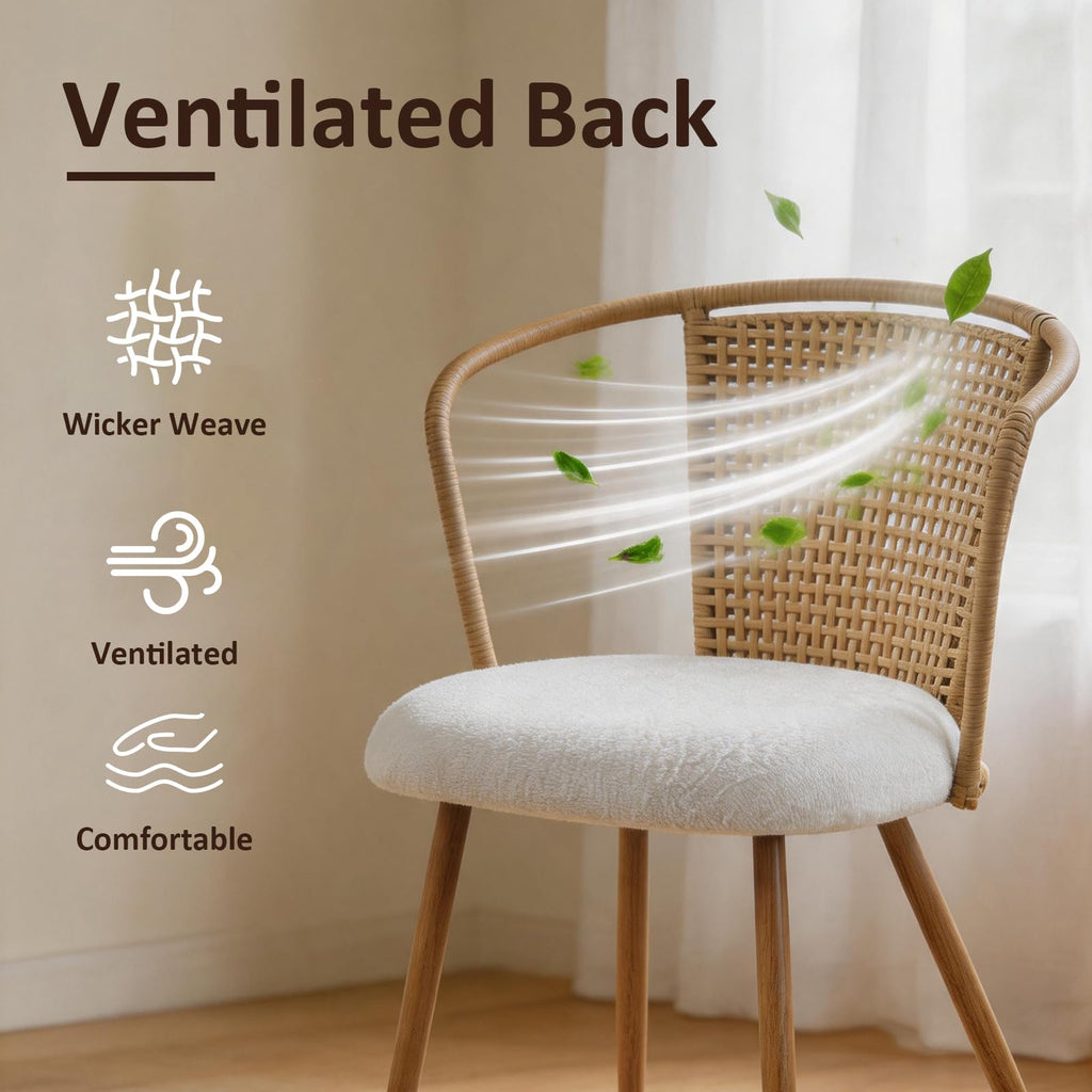 Rattan Dining Chairs, Upholstered Boucle Cushion with PE Cane Wing Back Kitchen Chair, Modern Dining Room Chair with