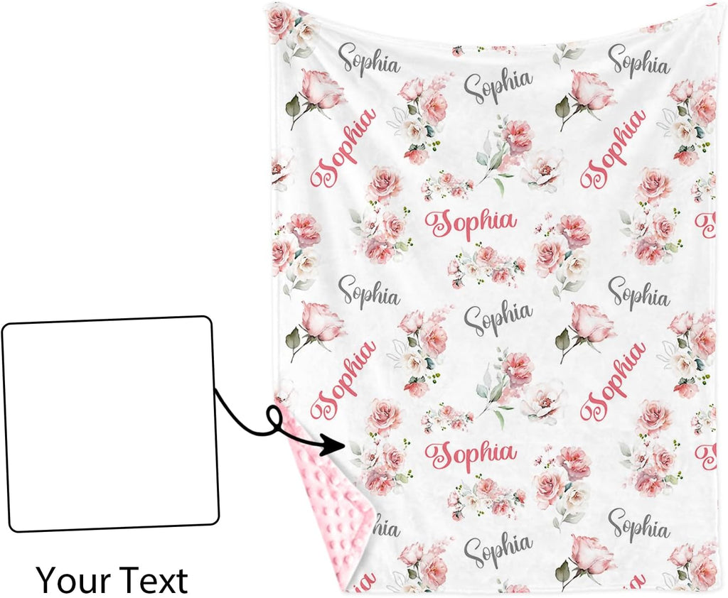 Personalized Baby Blankets with Name - Custom Pink Floral Pattern Baby Girl Blanket - Soft Minky Dot Blanket