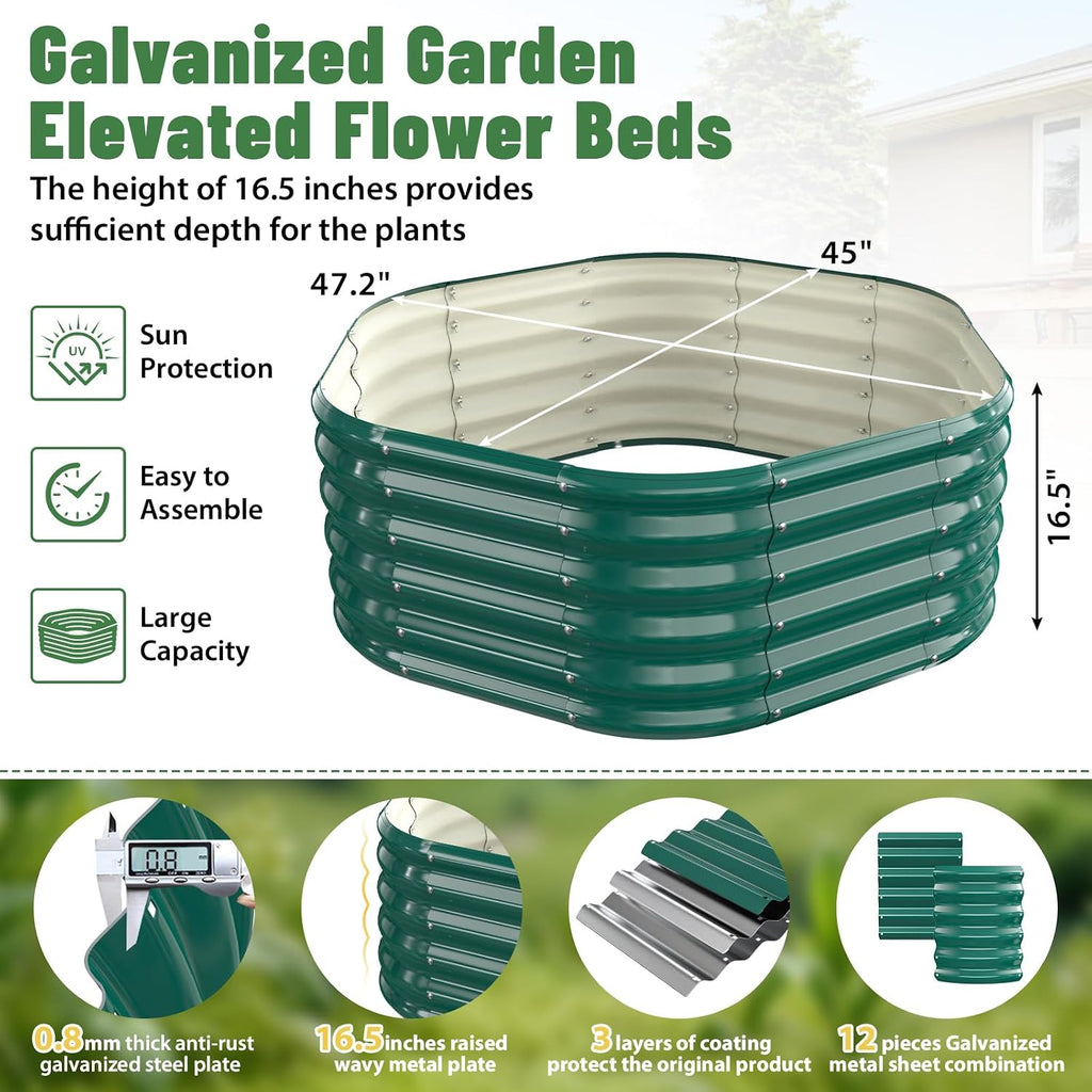 48" Diagonal,17" Tall Steel Hexagon Raised Garden Bed/ Planter Box Green | 4FT X 1.5FT,Butterfly Nut and Tool