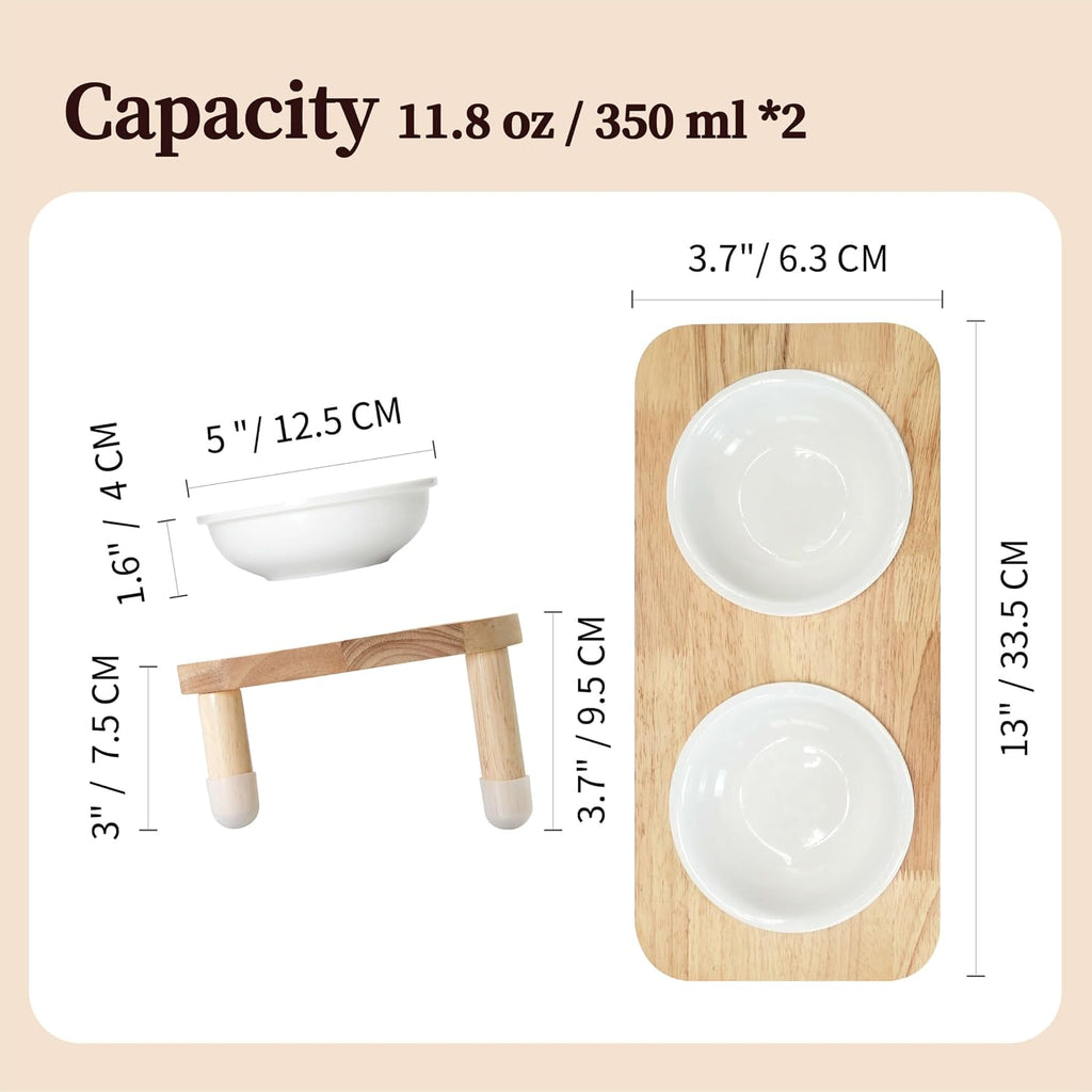11.8 oz Elevated Ceramic Double Cat Bowl Set - Modern Lead-Free Feeder with Natural Oak Wood Stand (Oak Stand & 2