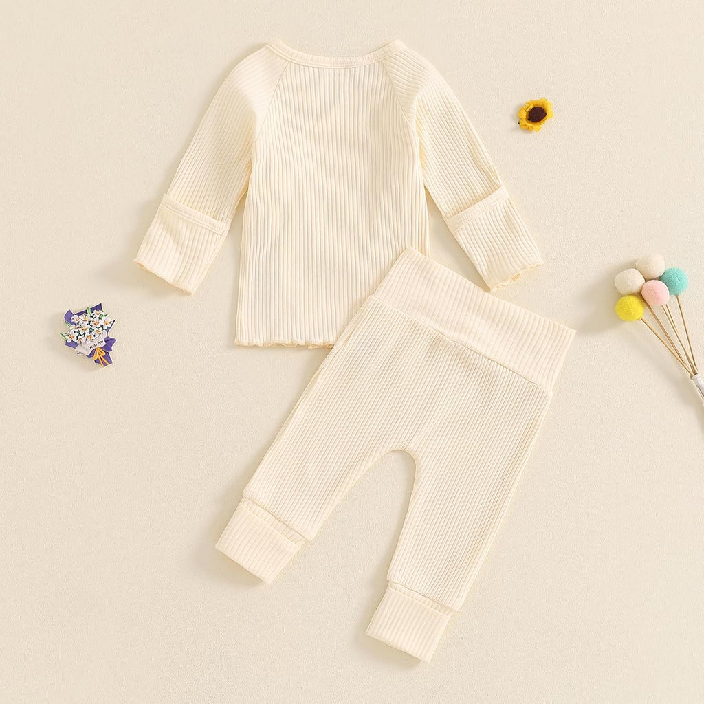Baby Girl 2Pcs Fall Outfits Long Sleeve Wrap Front Ribbed Tops + Pants Set Toddler Clothes