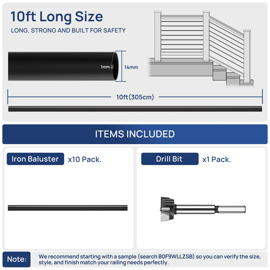 10 Pack 10 FT x 35/64 inch Iron Round Baluster for Indoor Staircase