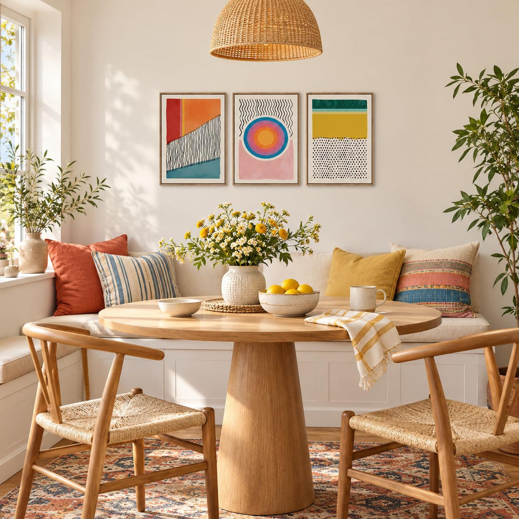 Abstract Wall Art Set of 3, Modern Framed Canvas Wall Art, Mid Century Modern Boho Geometric Wall Decor, Colorful