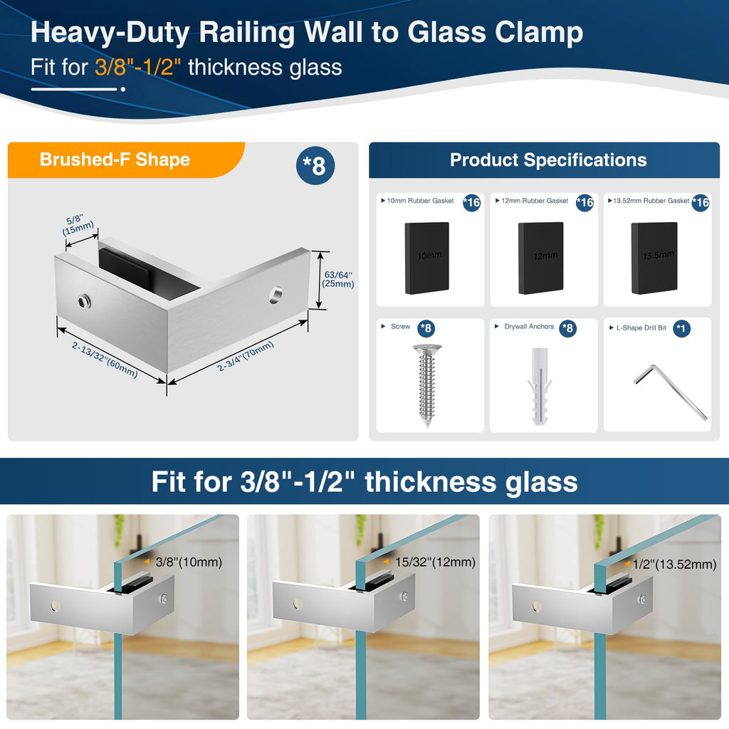 8 Pack Railing Wall to Glass Clamp, Stainless Steel T304 Glass Clips