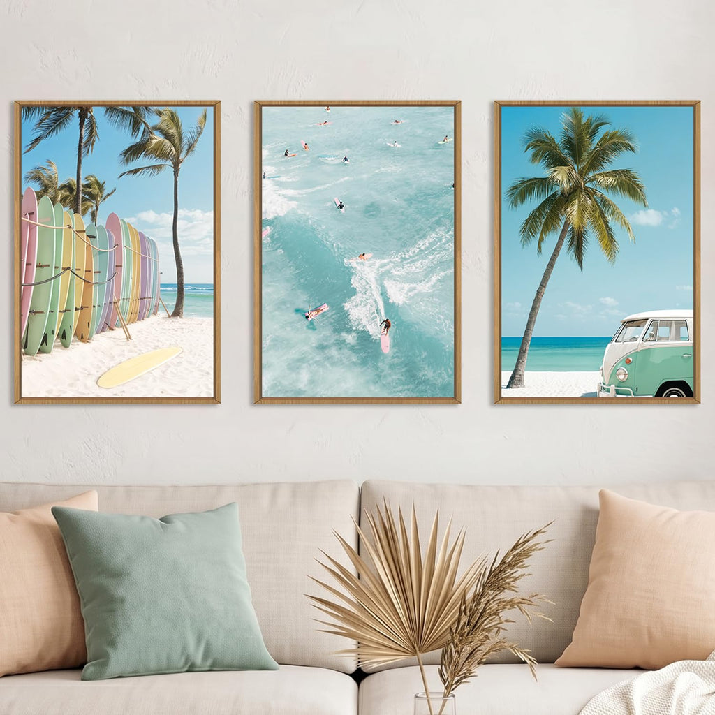 Blue Ocean Surfboard Seascape Framed Canvas Wall Art Set-16"x24"x3