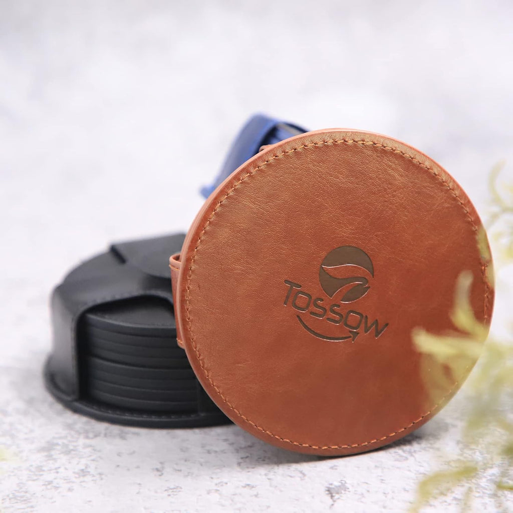 PU Leather Coaster with Holder, Durable and Non-Slip Coaster for Protection Tabletop, Wooden Table, Desk, Bar - Set of 8