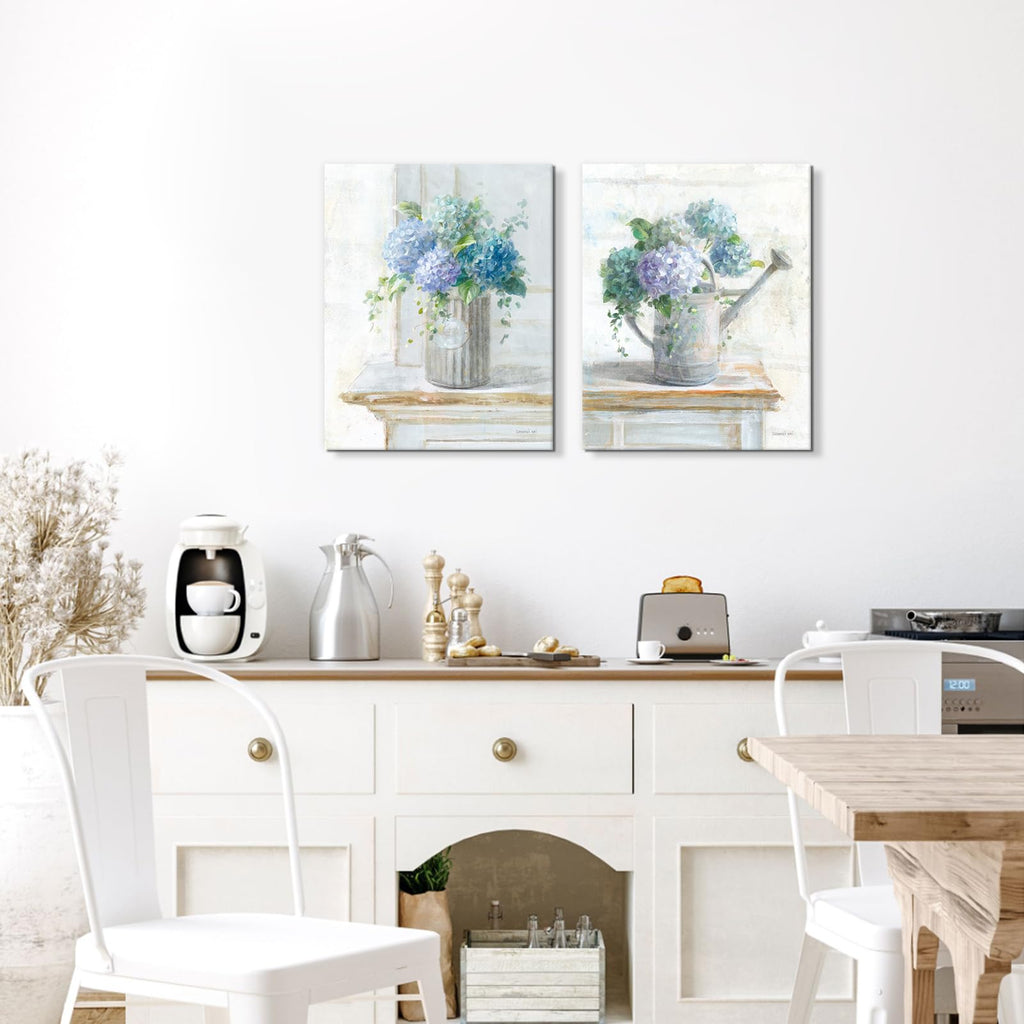 Blue Hydrangea Bathroom Wall Art 2 pcs Farmhouse Rustic Flower Art Botanical Floral Posters Paintings Framed Artwork