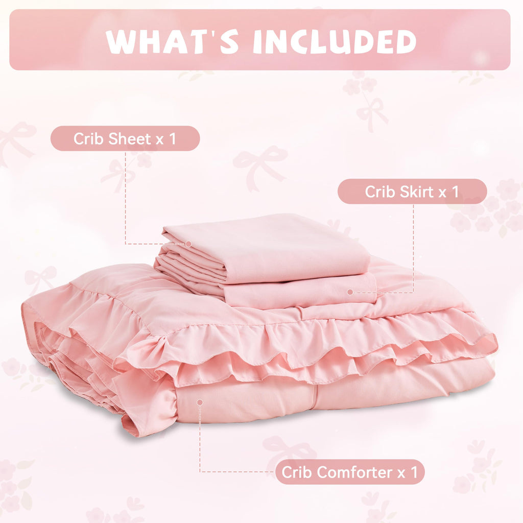 Princess Crib Bedding Set for Girls, 3 Piece Ruffles Jacquard Embroidery Baby Girl Crib Bedding Set Newborn, Infant &