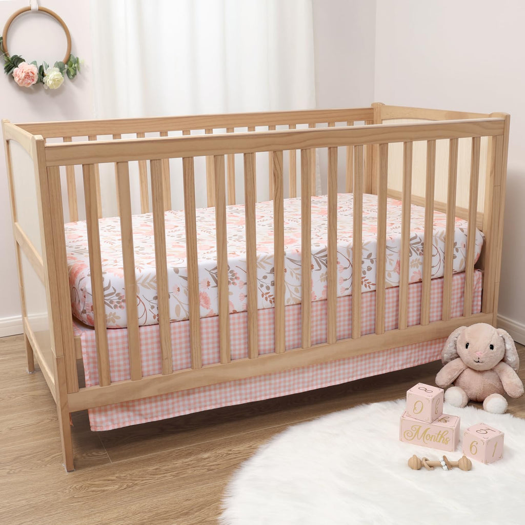 Whimsical Floral 3 Piece Baby Crib Bedding Set for Girls, Pink Botanical Nursery Decor, Reversible Comforter, Crib