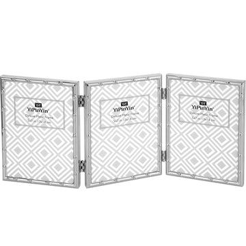 Elegant Silver Plated 5x7'' Hinged Triple Metal Picture Frame, Bamboo Detail Designs, with Real Glass & Soft Touch