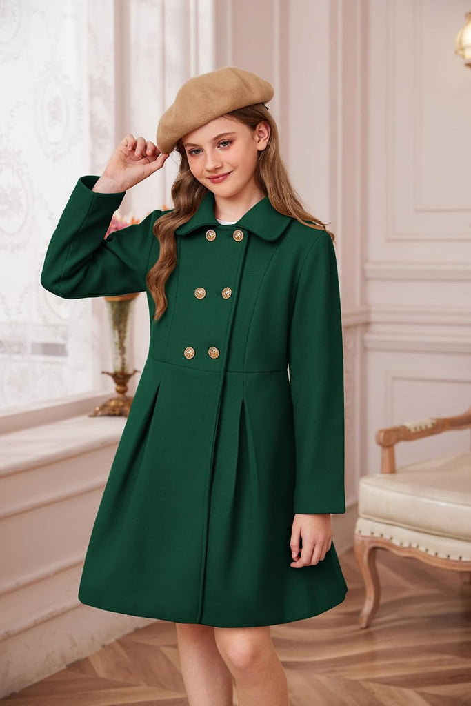 Girls Dress Coat Wool Peacoat with Lapel Pockets Winter Warm Long Jacket for Kids