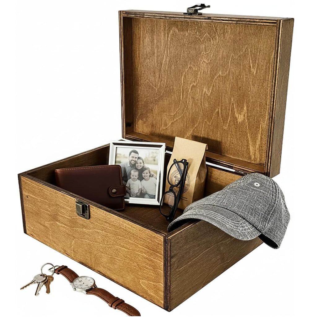 Dad Gifts, Wooden Dad's Stuff Storage Box, Large Rustic Wooden Keepsake Box 11.6" x 8.7" x 5", Engraved Memory Wood