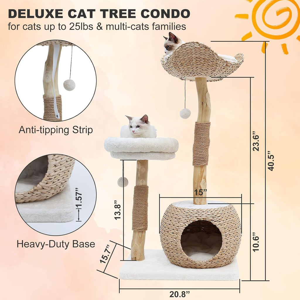 Modern Cat Tree Tower for Indoor Cats, Real Branch Luxury Cat Condo with Scratching Post, Jumping Platforms, Hanging