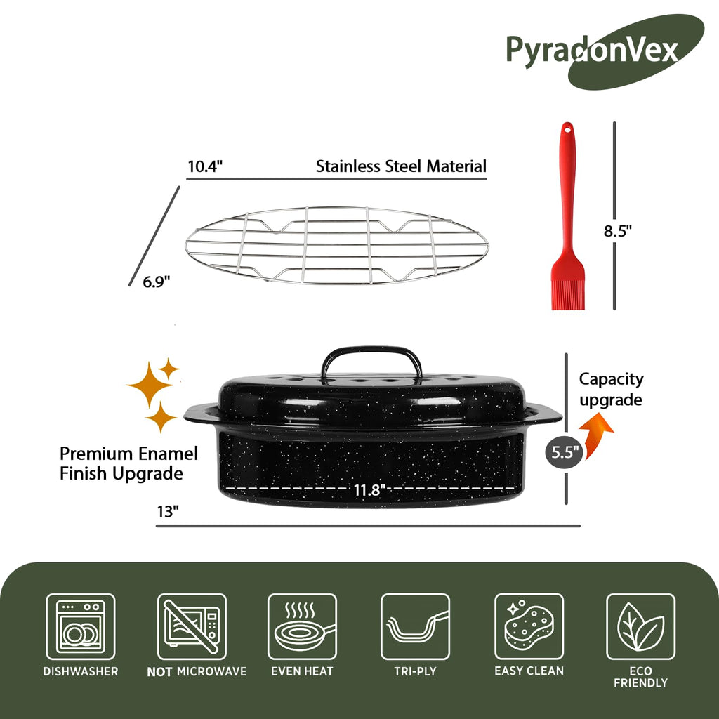 13"Enamel Roasting Pan with Lid and Rack Small Oval Roaster Pan Set, Deepen Design Deep Baking Pan for Sourdough