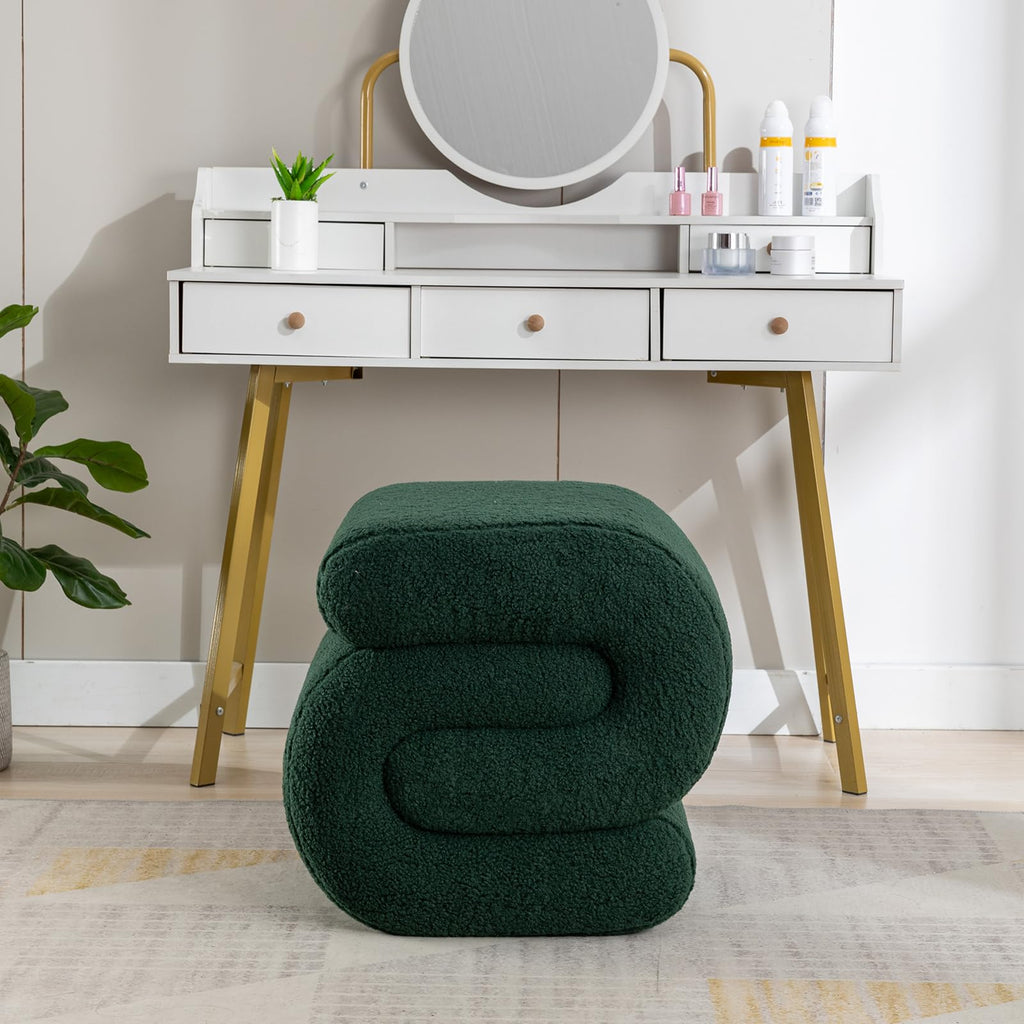 Sherpa Ottoman Stool, Modern S-Shaped Boucle Vanity Stool Pouf Ottoman Seat, Decorative Floor Chair Foot Stool for