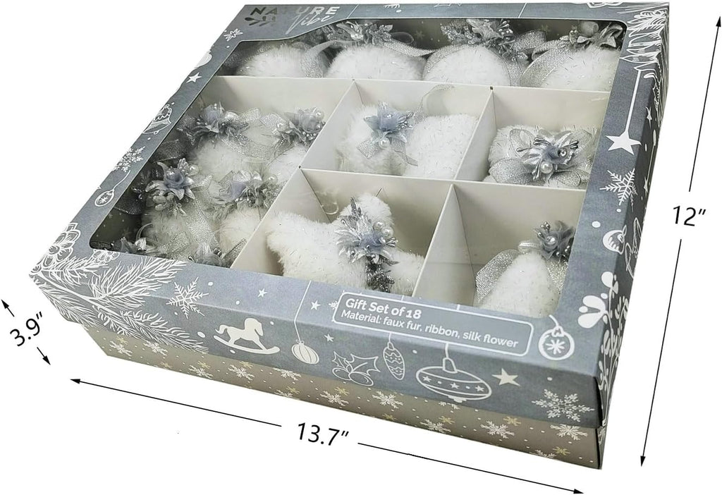 Set of 18 Faux Fur White Christmas Ornaments in Gift Box