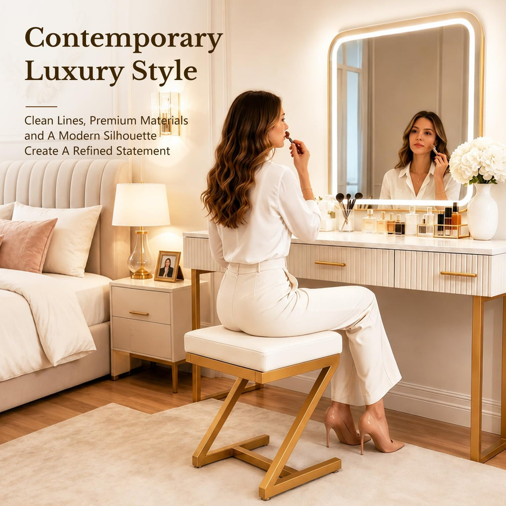 Makeup Vanity Stool Chair - Small Backless Leather Ottoman Bench Gold