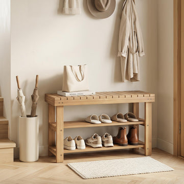 Wooden Shoe Rack Bench, 3-Tier Free Standing Entryway Bench Seat with Slatted Shelves, Shoe Storage Organizer, Small