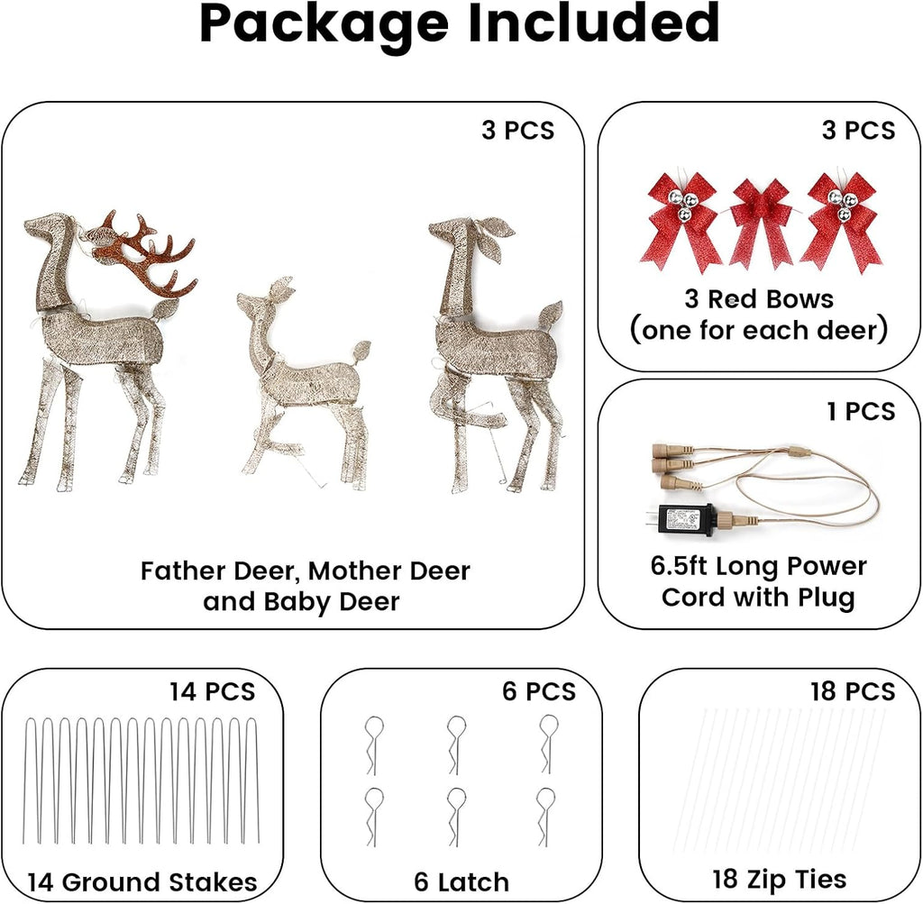 3D Christmas Reindeer Outdoor Decorations - 3 Pieces Set of Gold LED Deer Family with 240 Warm Lights - 5ft Buck &