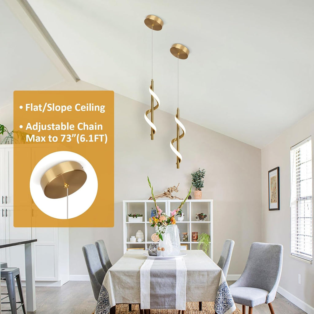 Gold Pendant Light, Spiral Modern Led Pendant Lighting for Kitchen Island, 5500K Brushed Brass Ceiling Hanging Light