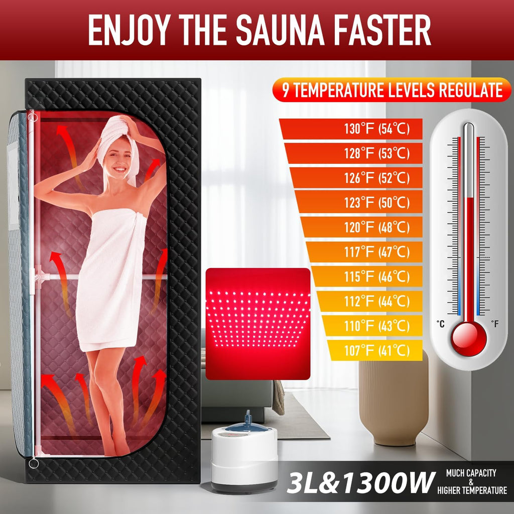 Upgraded Infrared Steam Sauna with 660nm Red Light Therapy & 850nm Infrared Light Panel, 3L 1300W Steamer