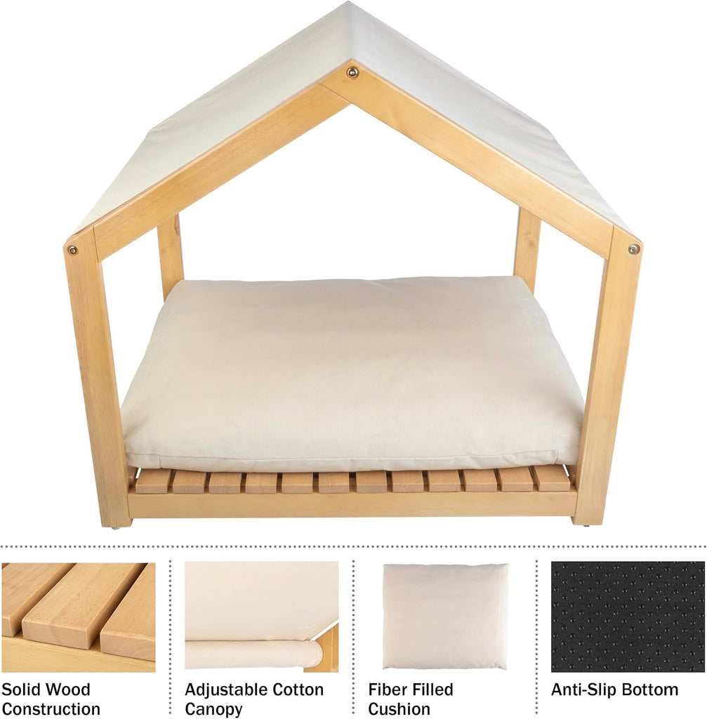 Dog House - 30x24-Inch Indoor Dog House with Soft Cushion and Adjustable Canopy - Wood Dog Furniture for Small to