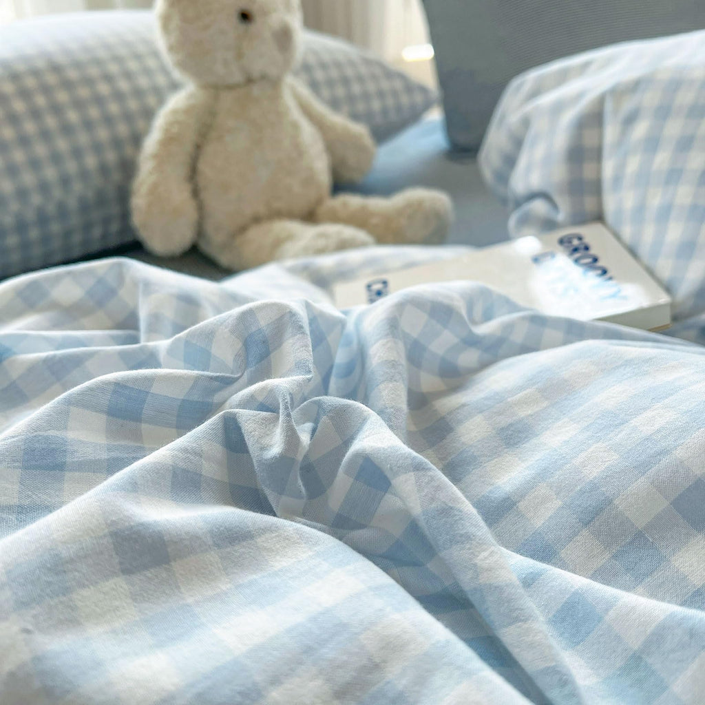 Blue Gingham Comforter Down Alternative Washed Cotton Bedding Set Boho Fluffy Cozy Cute Bedding Comforter Sets