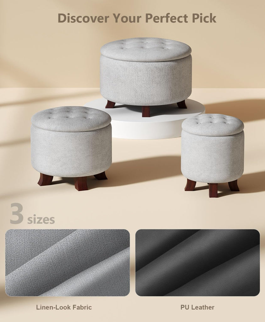 Round Storage Ottoman Bench, Light Gray, 16 Inches | Multi-Functional Ottoman Foot Rest, End of Bed Bench, Storage