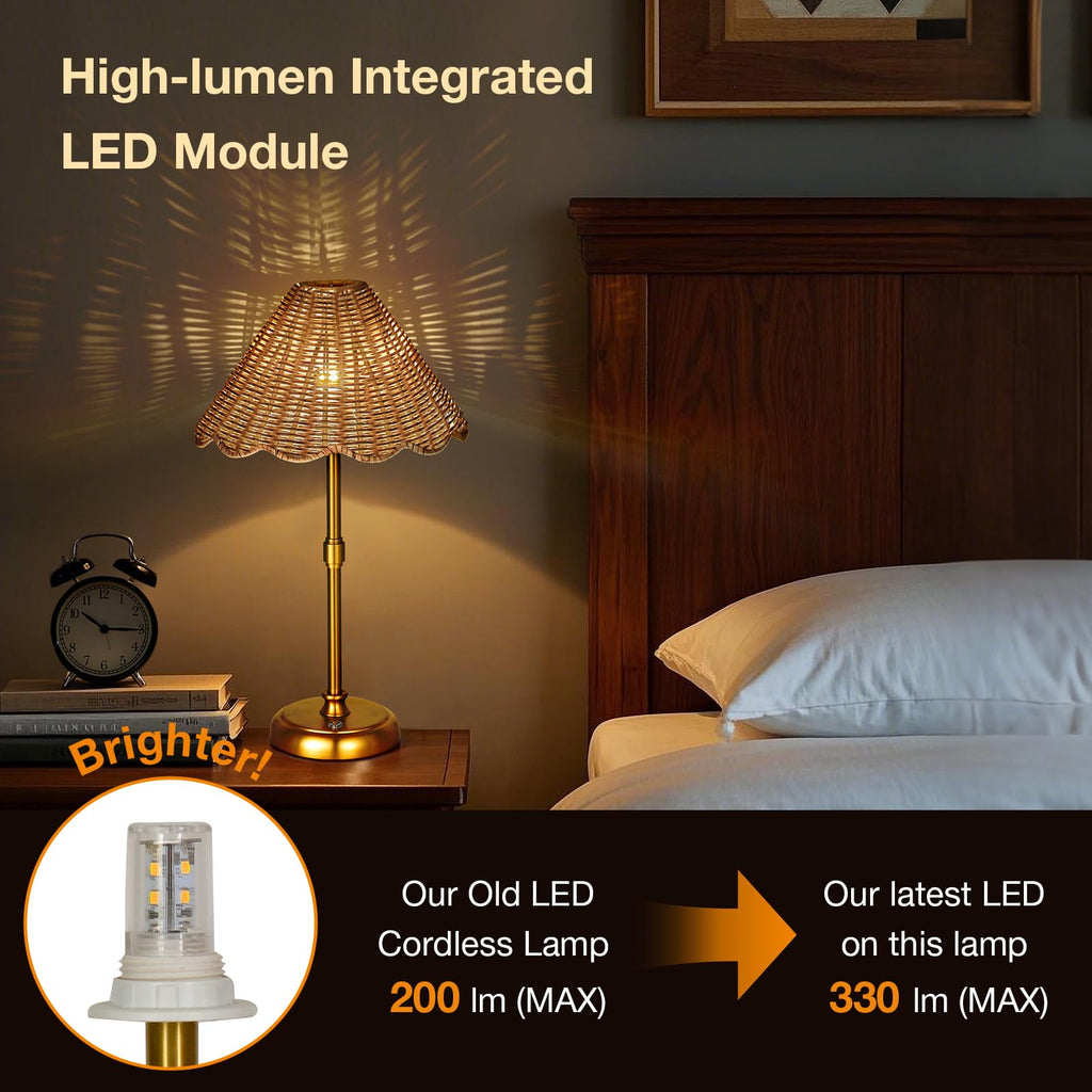 Cordless Boho Rattan Table lamp, 5200-mAh Rechargeable Battery, 3-level Brightness Dimmable, Build-in Integrated LED