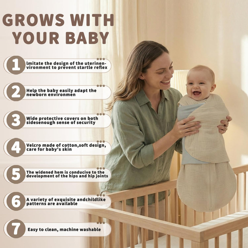 Sleep Sack Baby Swaddle,100% Muslin Cotton, Way Adjustable Wearable Blanket,Swaddling Sleeping Bag (2, Beige