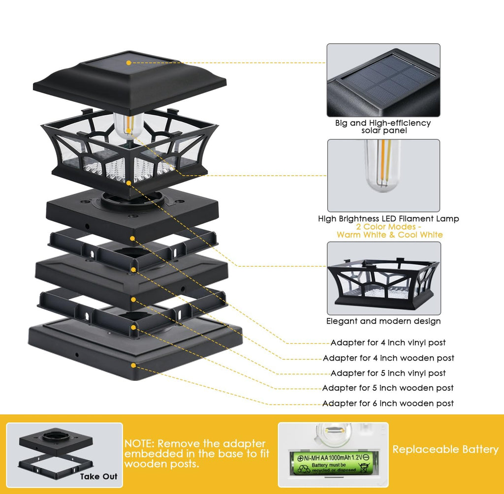 8 Pack Solar Post Cap Lights Outdoor Waterproof, Dual Light, Black